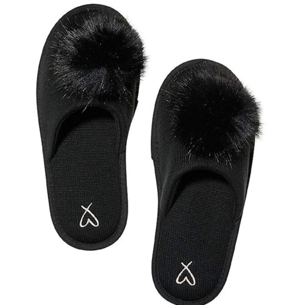 Victoria's Secret Pom Pom Pretty Black Slippers